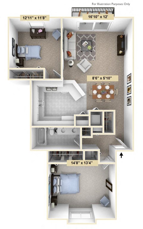Floor plan for 2 beds, 1 bath, 1349 sqft